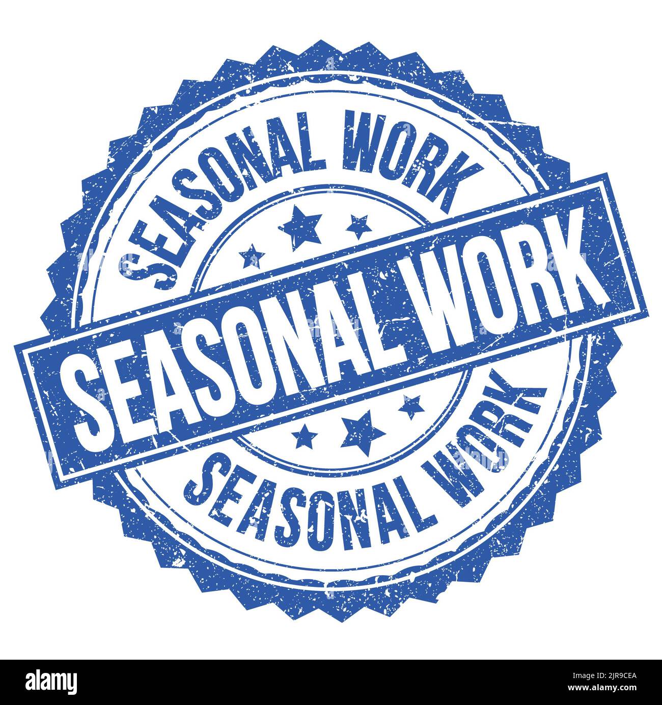 Testo DI LAVORO STAGIONALE scritto su un cartello blu con timbro rotondo Foto Stock