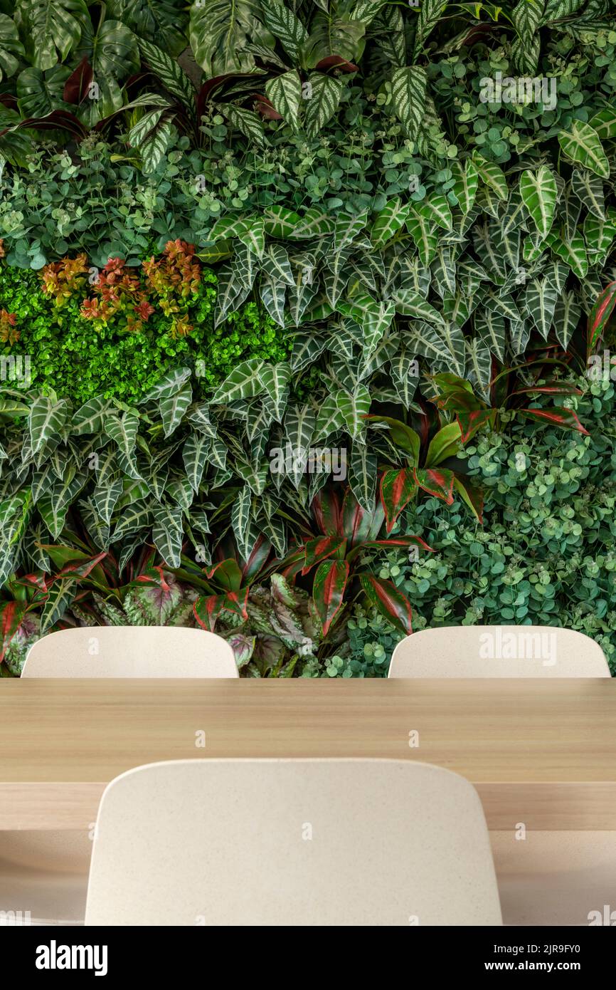 Soggiorno verde con sedie e tavolo, giardino verticale - foto stock Foto Stock