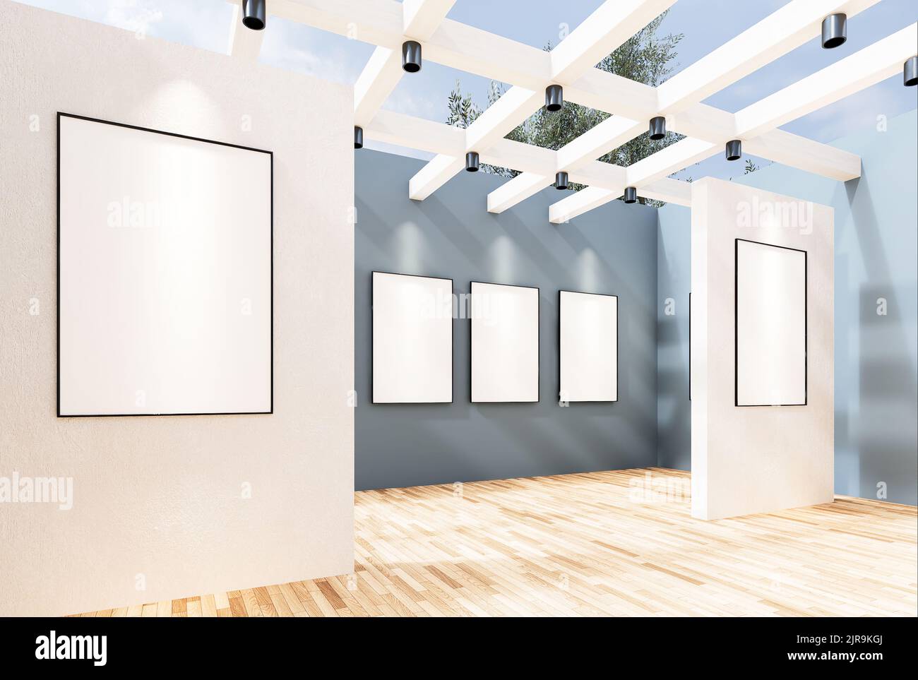 Le foto incorniciate in una stanza vuota della Galleria, Museo virtuale, vengono mostrate come un avveniristico segno multimediale in streaming come realtà aumentata e concep informatico Foto Stock