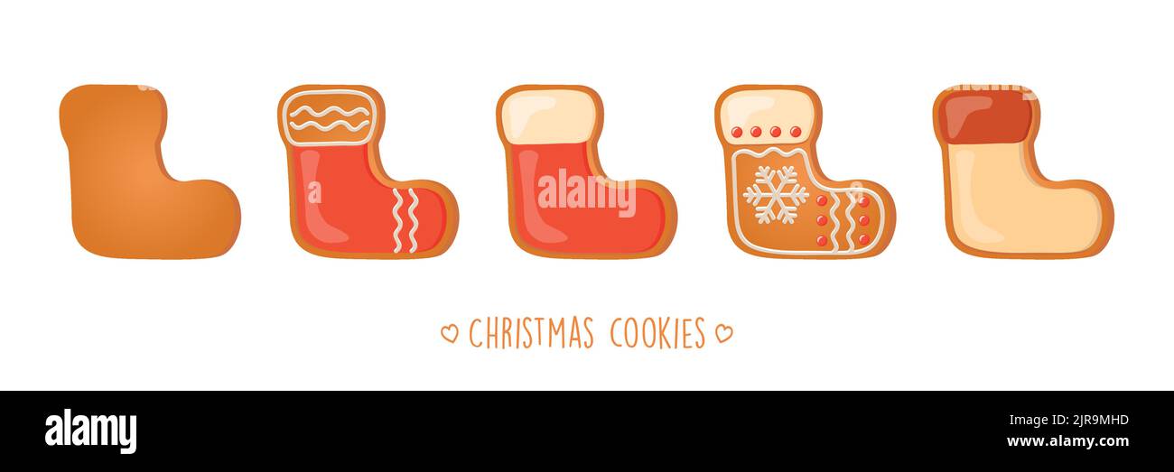 biscotti di natale con pan di zenzero con diverse glassa e decorazione dello zucchero babbo natale calza Illustrazione Vettoriale