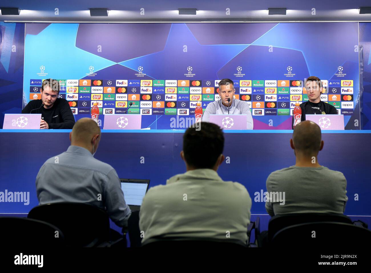 L'allenatore di Bodo/Glimt Kjetil Knutsen e il calciatore Marius Hoibraten hanno tenuto una conferenza stampa allo stadio Maksimir, a Zagabria, in Croazia, il 23 agosto 2022. Davanti alla 2nd tappa di play-off della UEFA Champions League tra GNK Dinamo Zagreb e Bodo/Glimt. Foto: Luka Stanzl/PIXSELL Foto Stock