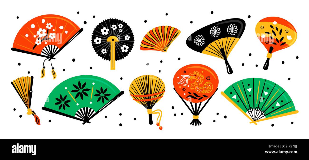 Fan asiatici della mano. Accessori di carta per palmari cinesi. Oggetti culturali vintage. Souvenir tradizionali con ornamenti floreali. Attributi orientali Illustrazione Vettoriale