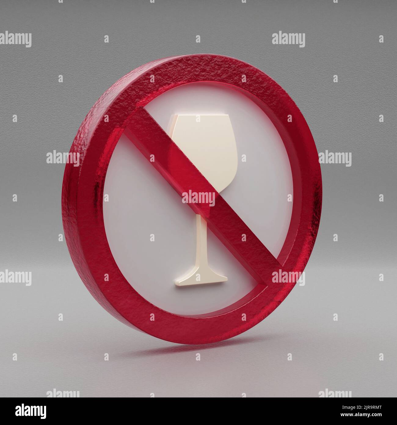 Bella illustrazione astratta alcool, proibito, vetro, icona simbolo di divieto su sfondo grigio. 3d illustrazione del rendering. Motivo di sfondo Foto Stock