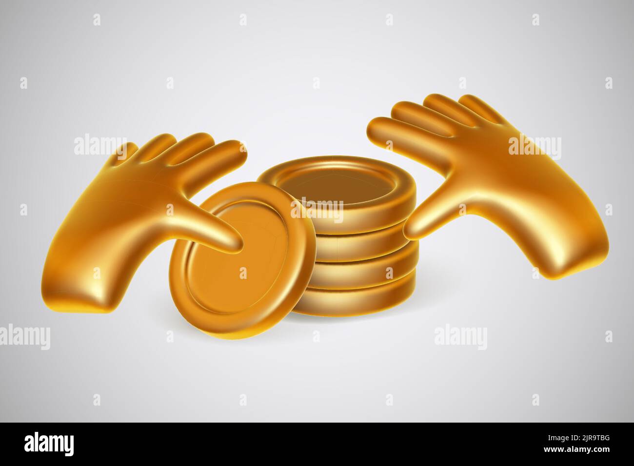 Le mani umane dei cartoni animati d'oro del 3D contano monete d'oro. Illustrazione Vettoriale