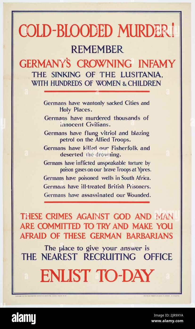 Poster, 'Cold-Bloded Murder!', 1915, Regno Unito, dal Comitato parlamentare di reclutamento, Roberts & Leete Ltd. Dono del Dipartimento della Difesa, 1919. Foto Stock
