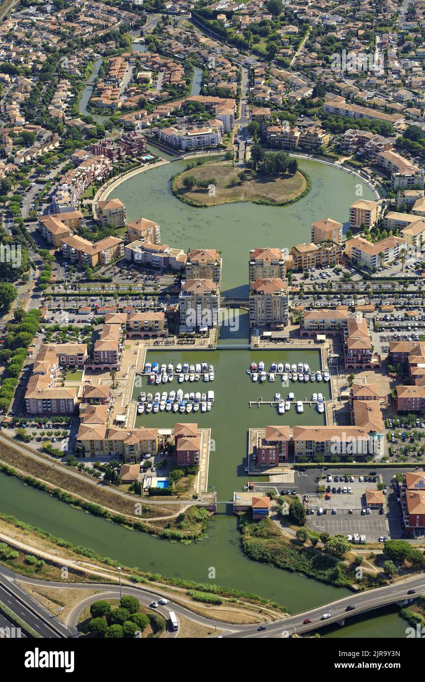 Lattes (sud della Francia): Vista aerea del distretto di Port-Ariane, a sud di Montpellier, e la sua marina sul fiume Lez Foto Stock