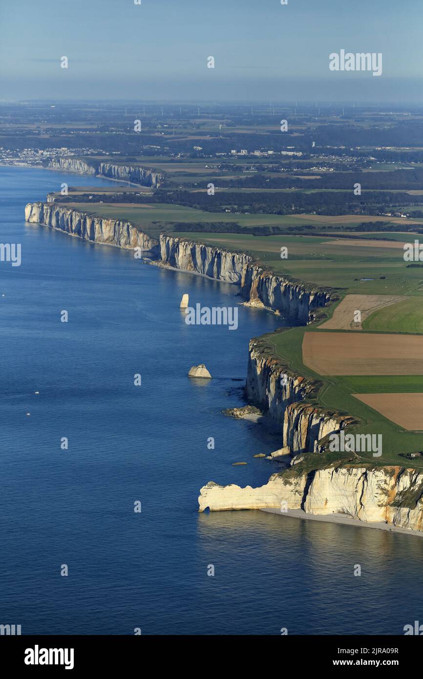 Etretat (Normandia, Francia settentrionale): Veduta aerea delle scogliere calcaree della località balneare e della Costa d'Alabastro (Costa d'Alabastro) Foto Stock