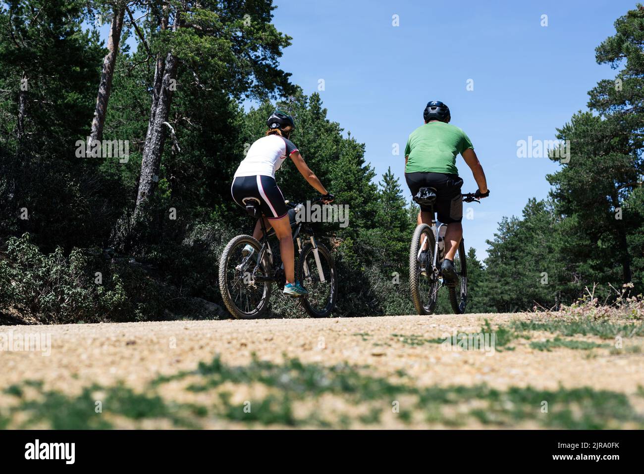 Coppia di mountain bike che si godono il percorso nella natura selvaggia. Foto Stock
