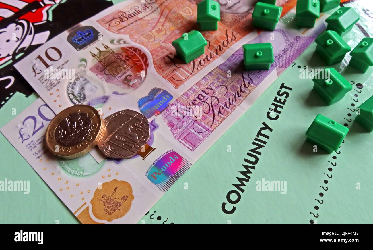 Consiglio monopolistico, banconote in sterline, costo di acquisto di proprietà, nuove case in Inghilterra e Galles, riducendo l'effetto di seconde case per comunità Foto Stock