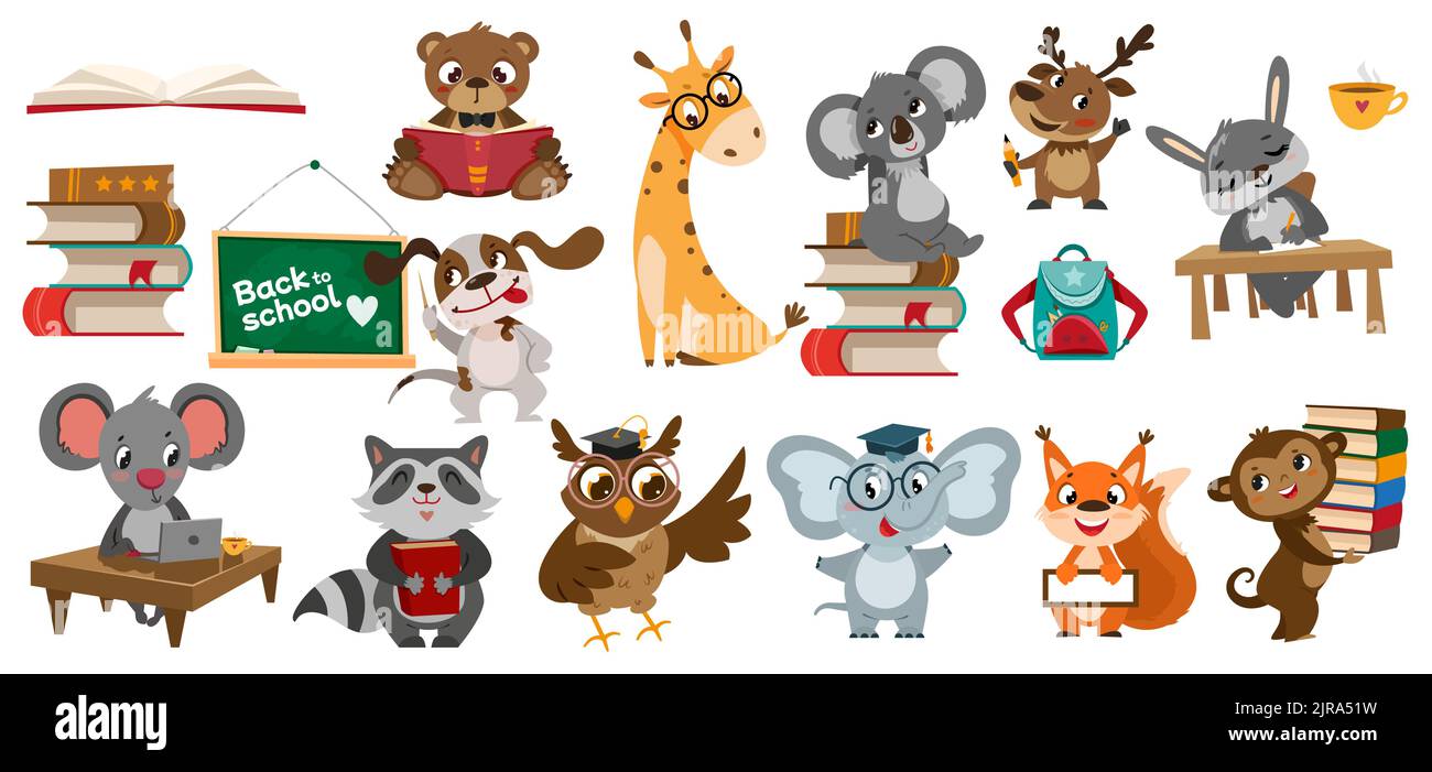 Set di animali da scuola. Simpatici personaggi pupilli cartoni animati che scrivono, studiano e leggono libri. Cane insegnante con puntatore alla lavagna, koala al computer portatile. Ritorno a scuola. Collezione per bambini in età prescolare Illustrazione Vettoriale