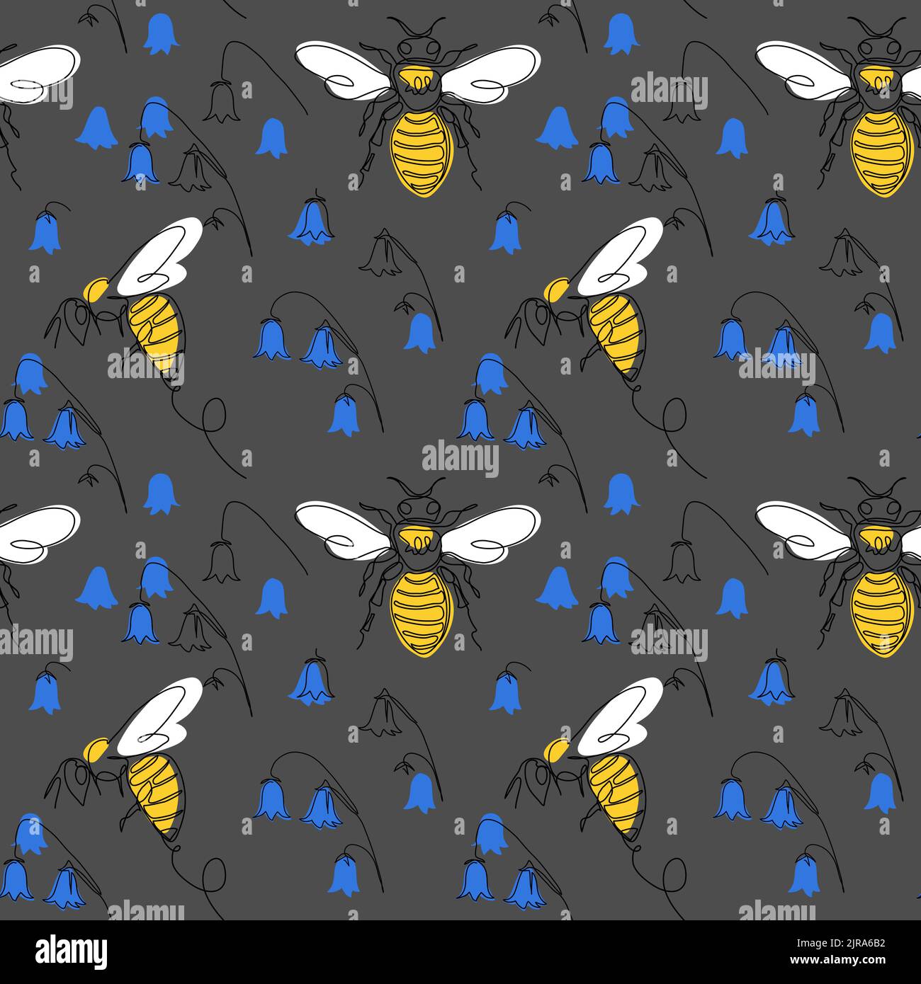Modello vettoriale dell'ape con fiori blu su sfondo grigio per texture, tessuto, tessuto, carta da parati, stampa. Un disegno a linea continua di ape, vettore Illustrazione Vettoriale