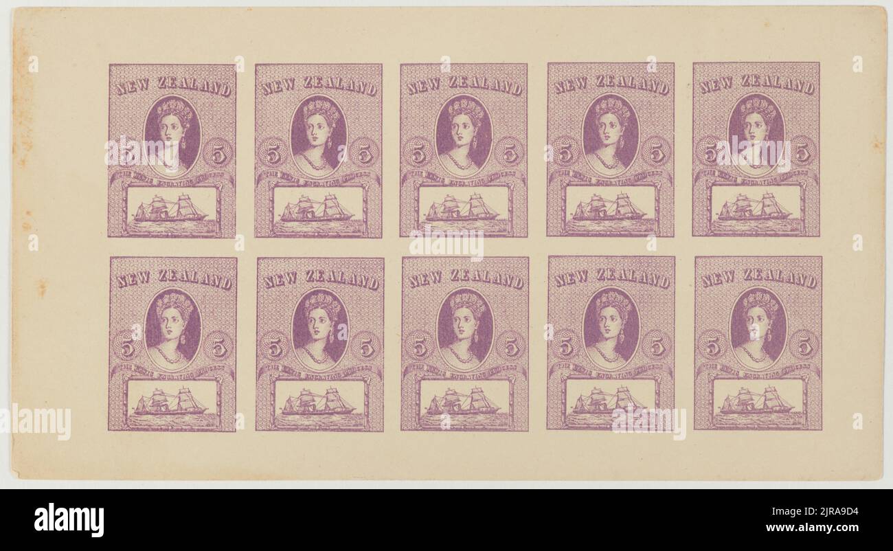 Foglio completo di 10 disegni proposti (saggi di Lewis) per i francobolli pittorici della regina Victoria, 1892, Nuova Zelanda, da Charles Lewis. Foto Stock