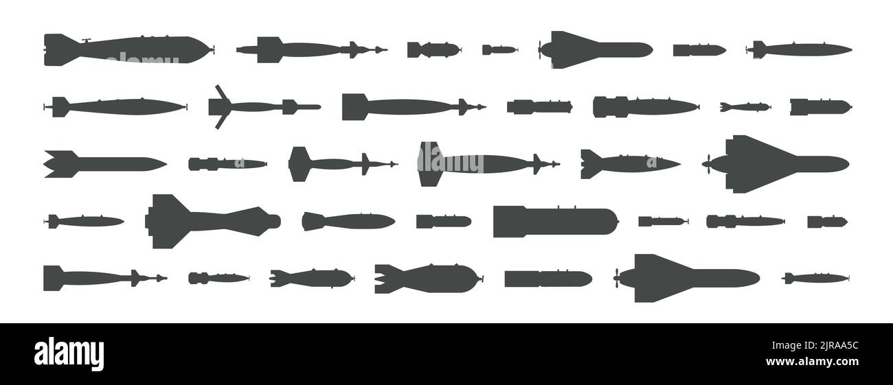 Icona della vista dall'alto della bomba pneumatica. Silhouette nera di razzi aerei, missili balistici, siluri, icone atomiche della testata di guerra. Elementi di armamento per militari Illustrazione Vettoriale