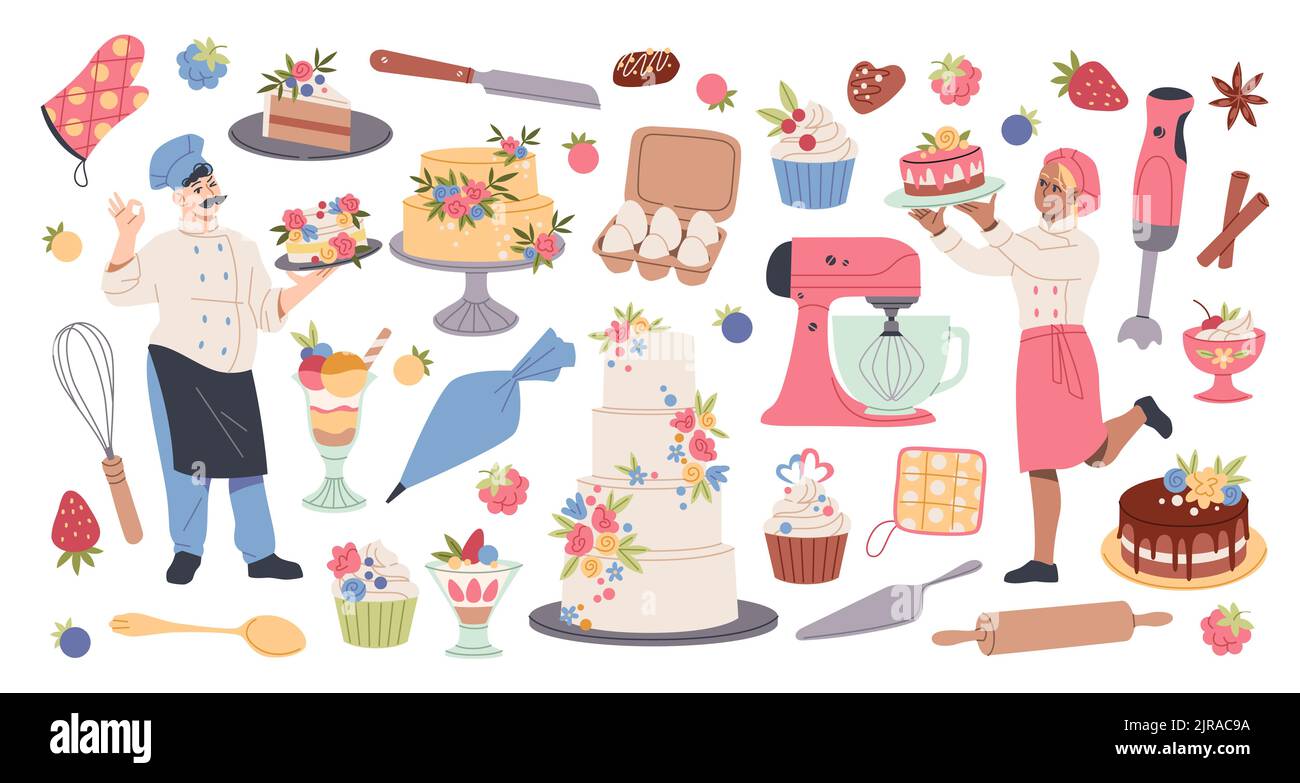 Prodotti dolciari. Dolci dolciari, strumenti professionali, divertenti pasticcerie, personaggi di chef uomo e donna, torta di nozze e compleanno Illustrazione Vettoriale