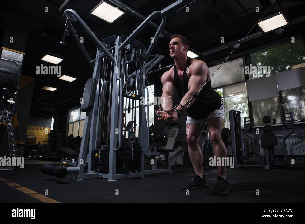 Il bodybuilder giovane strappato che fa l'esercitazione di crossover del cavo del torace alla palestra, spazio della copia Foto Stock