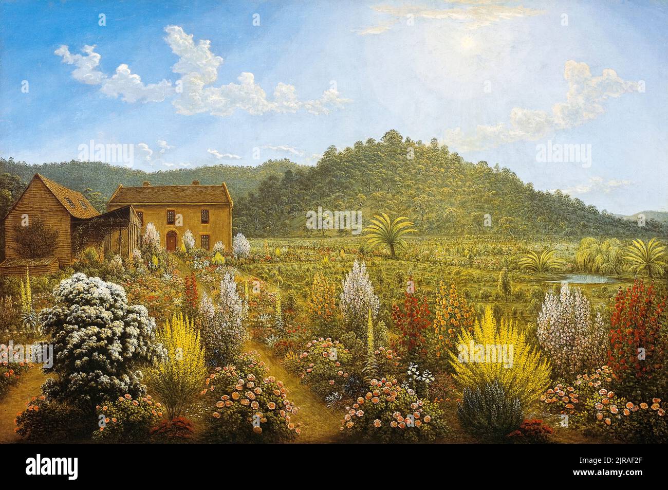 John Glover Painting, una vista della casa e del giardino dell’artista in Mills Plains, Van Diemen’s Land, olio su tela, 1835 Foto Stock