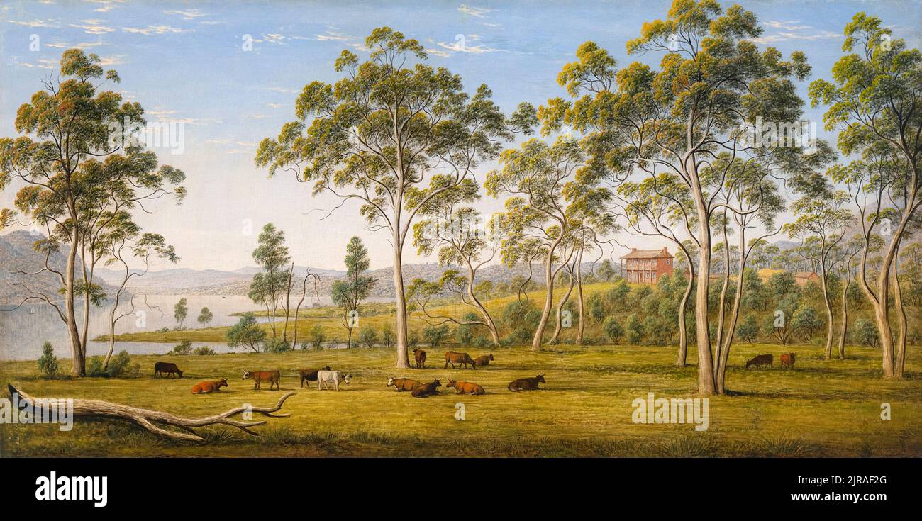 Dipinto del paesaggio John Glover, casa di Robinson sul Derwent, Van Diemen’s Land, olio su tela, circa 1838 Foto Stock