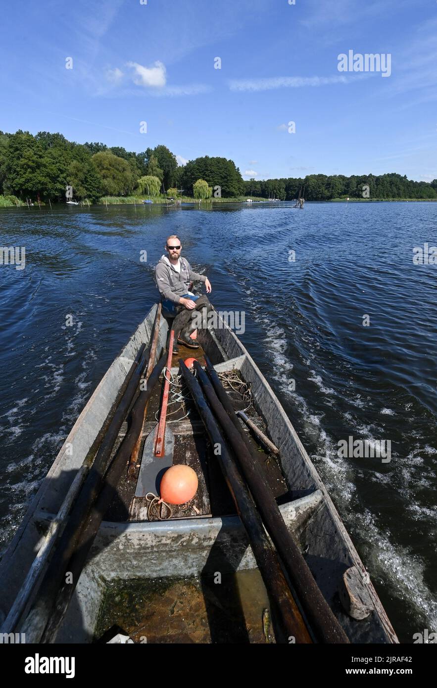 23 agosto 2022, Brandeburgo, Werder (Havel): Il pescatore Alexander mai naviga con una chiatta di pesca sul lago Schwielow. Gestisce il lago in estate con le sue trappole per pesci e in inverno con reti fisse. È un pescatore nella generazione 8th. I pesci, in particolare anguille, luccio e pikeperch, sono venduti nel negozio di fattoria sull'isola di Werder. Foto: Jens Kalaene/dpa Foto Stock