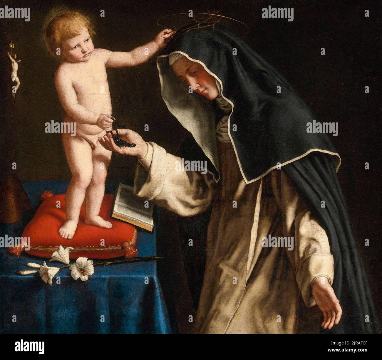 Giovanni Battista Salvi da Sassoferrato, Santa Caterina da Siena, che riceve la Corona delle spine, dal Cristo Bambino, dipingendo in olio su tela, circa 1643 Foto Stock