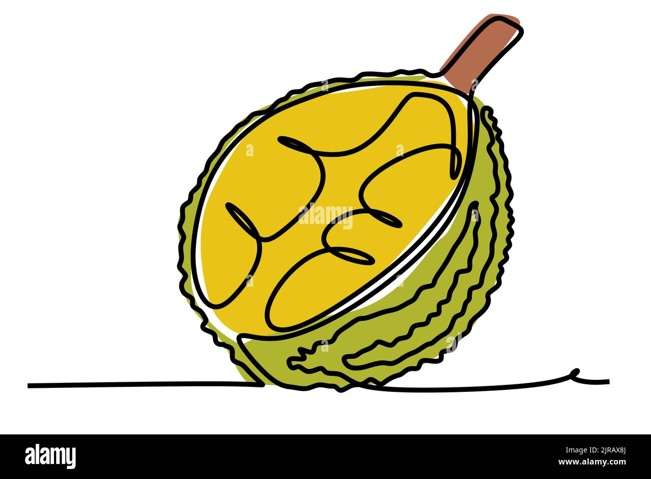 Un disegno a linea continua di frutti duriani tropicali gialli. Semplice disegno a mano di colore piatto stile vettoriale per una vita naturale e sana Illustrazione Vettoriale