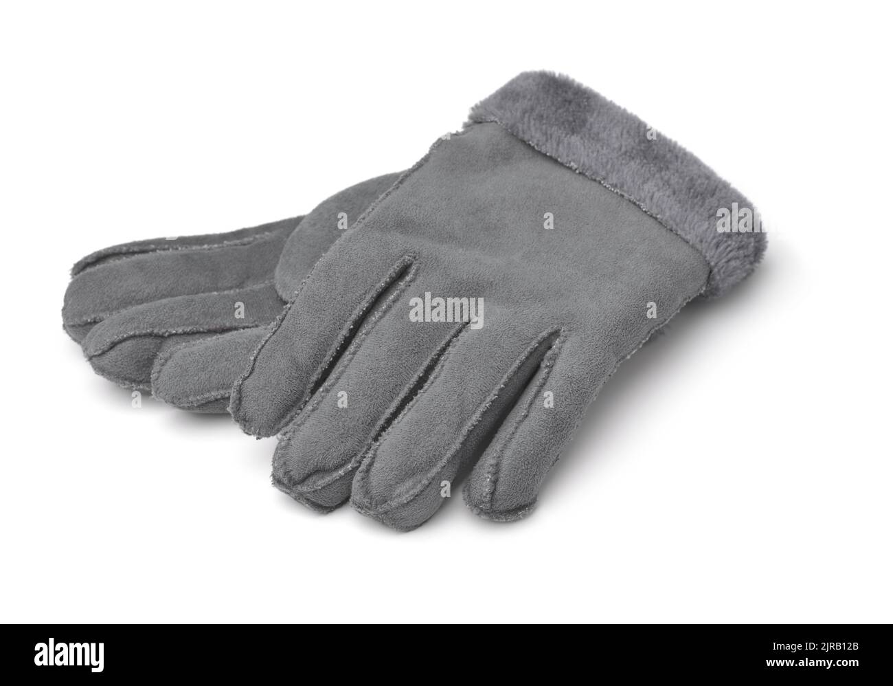 Paio di guanti invernali caldi grigi isolati su bianco Foto Stock