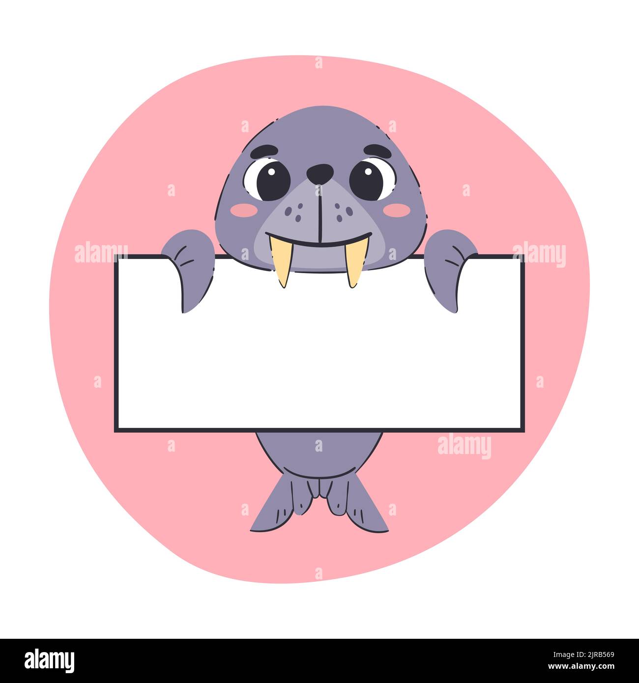 Wagrus che tiene un banner bianco. Bella illustrazione vettoriale disegnata a mano con sfondo rosa. Modello di scheda modificabile. Illustrazione Vettoriale