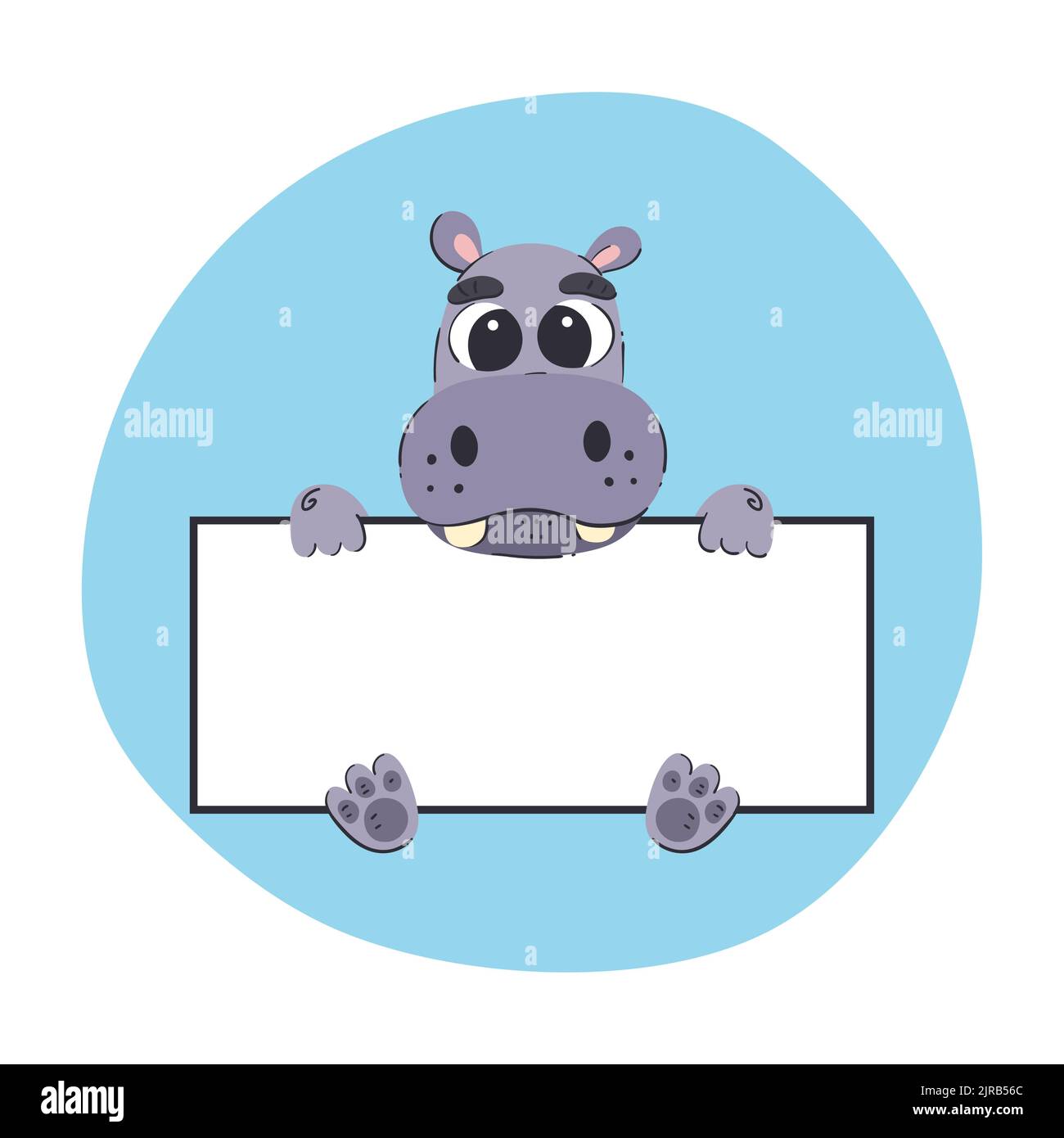 Hippo che tiene un banner bianco. Simpatica illustrazione vettoriale disegnata a mano con sfondo blu. Modello di scheda modificabile. Illustrazione Vettoriale