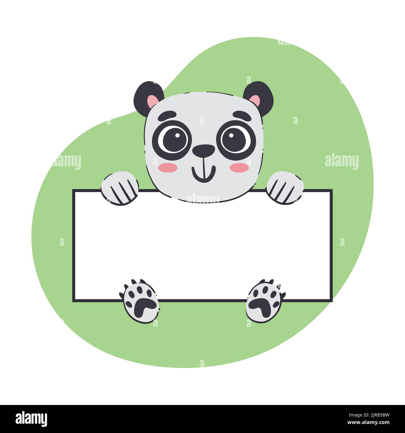 Orso Panda che tiene uno striscione bianco. Simpatica illustrazione vettoriale disegnata a mano con sfondo verde. Modello di scheda modificabile. Illustrazione Vettoriale