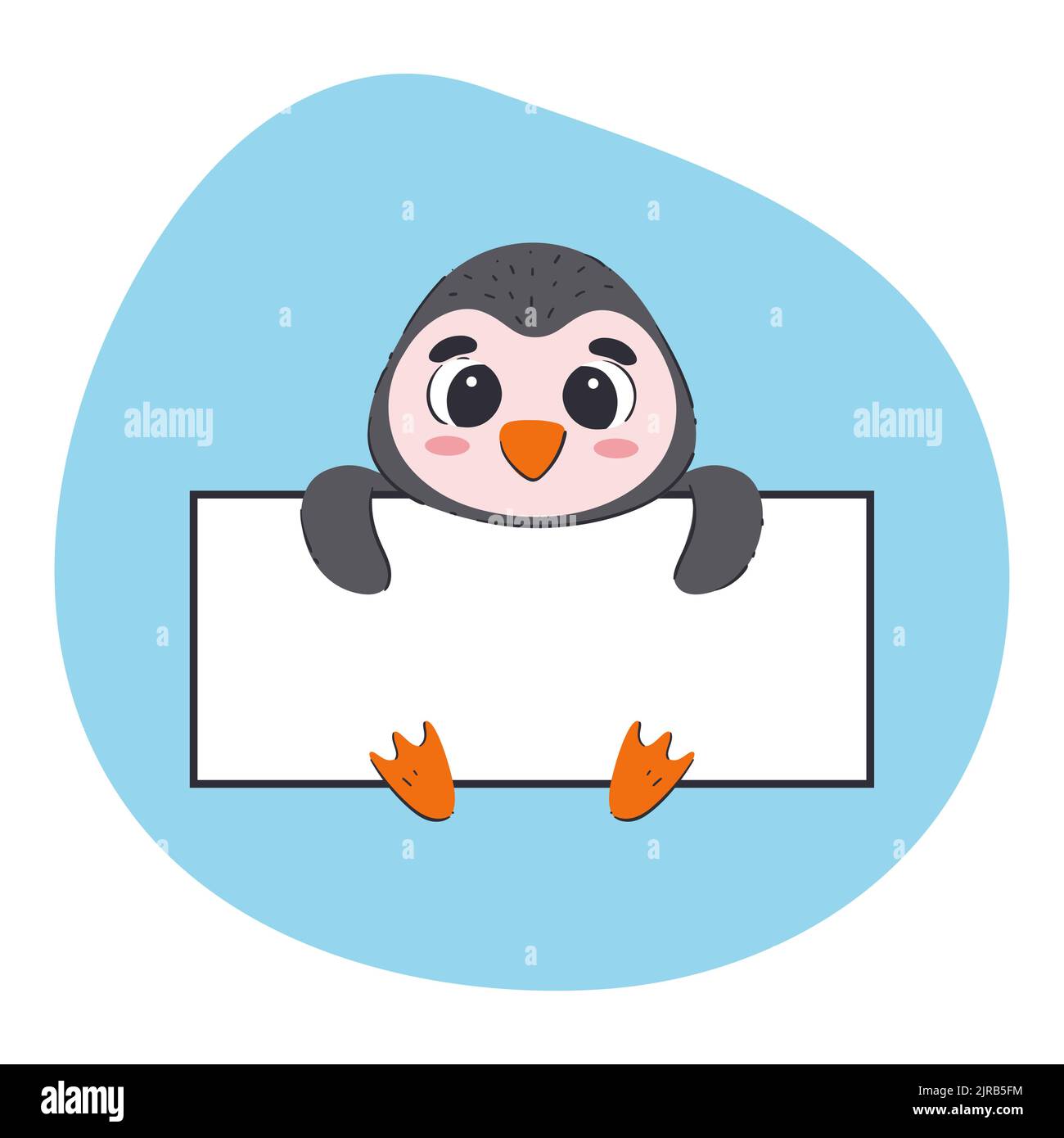 Pinguino con bandiera bianca. Simpatica illustrazione vettoriale disegnata a mano con sfondo blu. Modello di scheda modificabile. Illustrazione Vettoriale