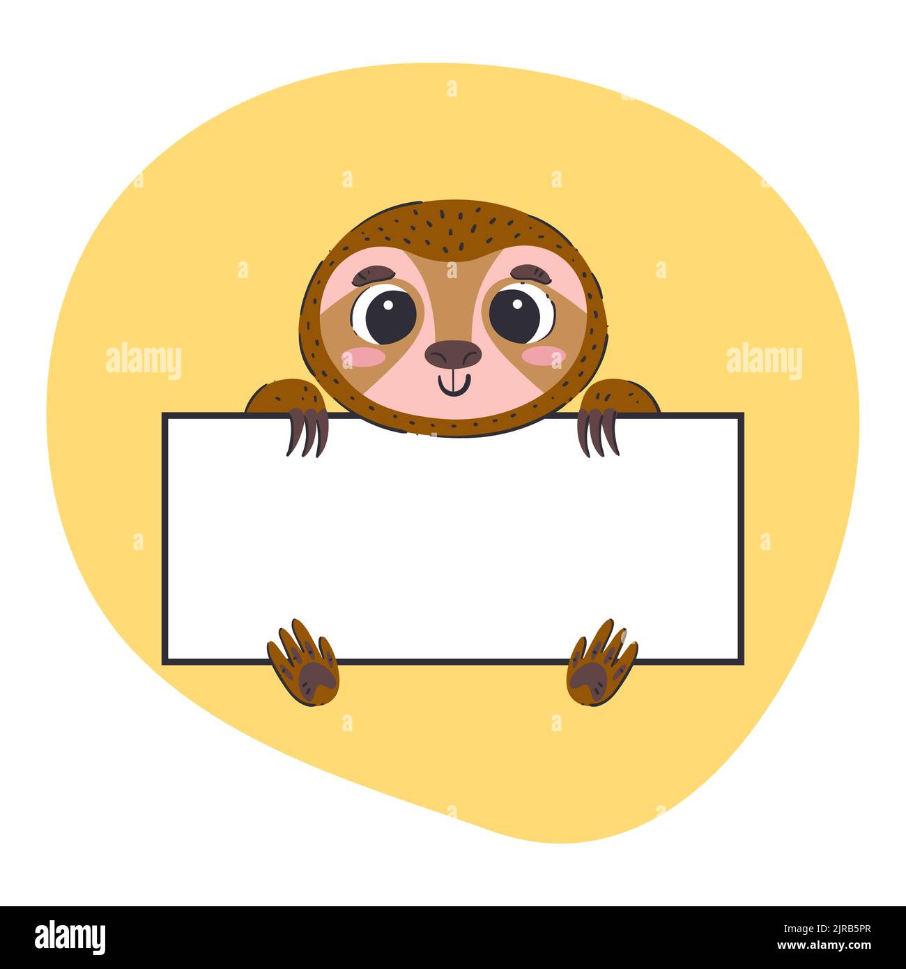 Sloth che tiene uno striscione bianco. Bella illustrazione vettoriale disegnata a mano con sfondo giallo. Modello di scheda modificabile. Illustrazione Vettoriale
