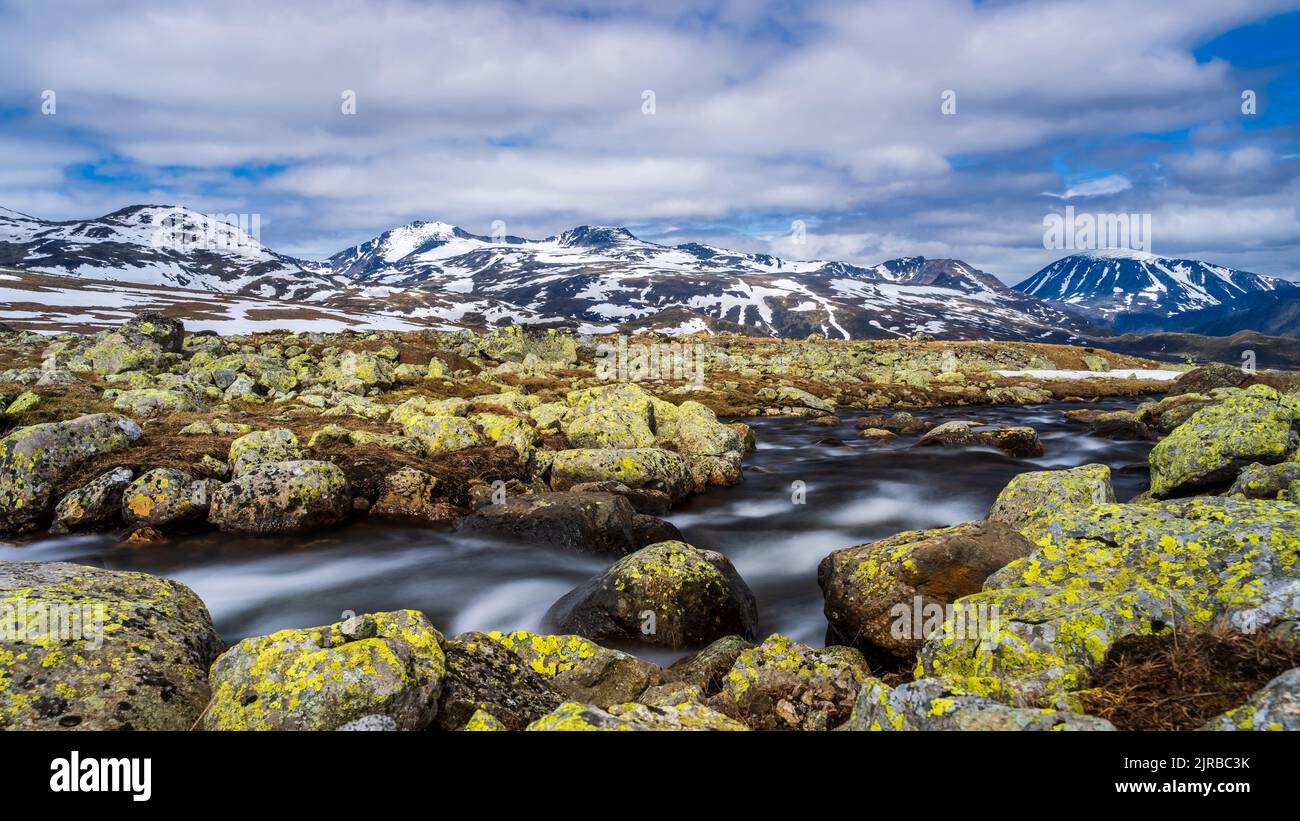 Norvegia, Innlandet, lunga esposizione del fiume che scorre nel Parco Nazionale di Jotunheimen Foto Stock