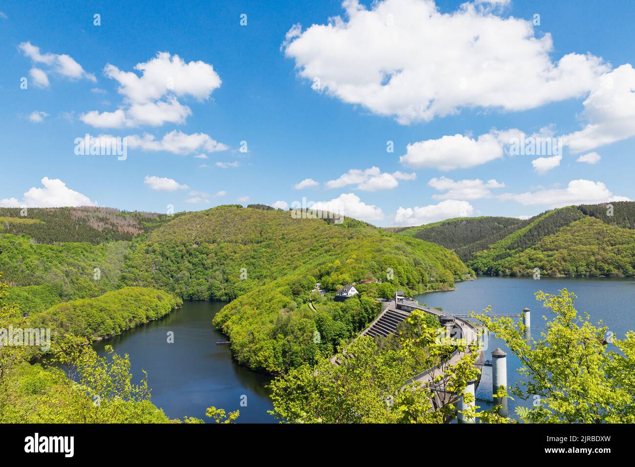 Paesaggio panoramico e diga di Urft al Parco Nazionale di Eifel, Germania Foto Stock