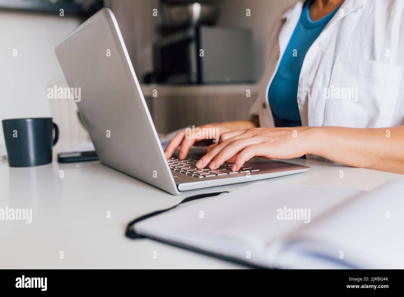 Mani di imprenditrice digitando su laptop Foto Stock