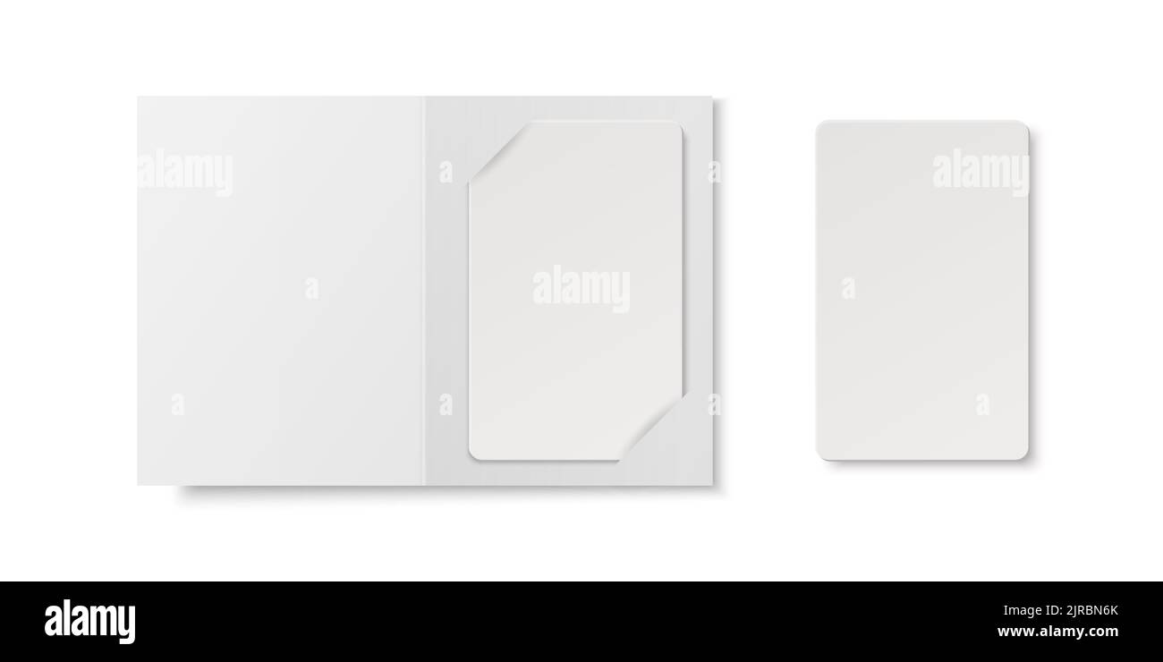 Vector 3D realistic White Guest Room, Plastic Hotel Apartment KeyCard, carta d'identità, vendita, carta di credito. Modello di progettazione con custodia in carta, portafoglio per Illustrazione Vettoriale