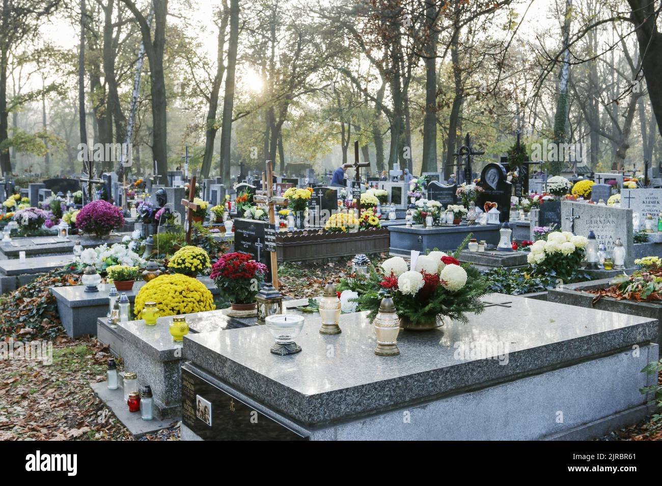 Il cimitero di Rakowicki, uno dei cimiteri più conosciuti della Polonia, situato nel centro di Cracovia, Polonia. Foto Stock