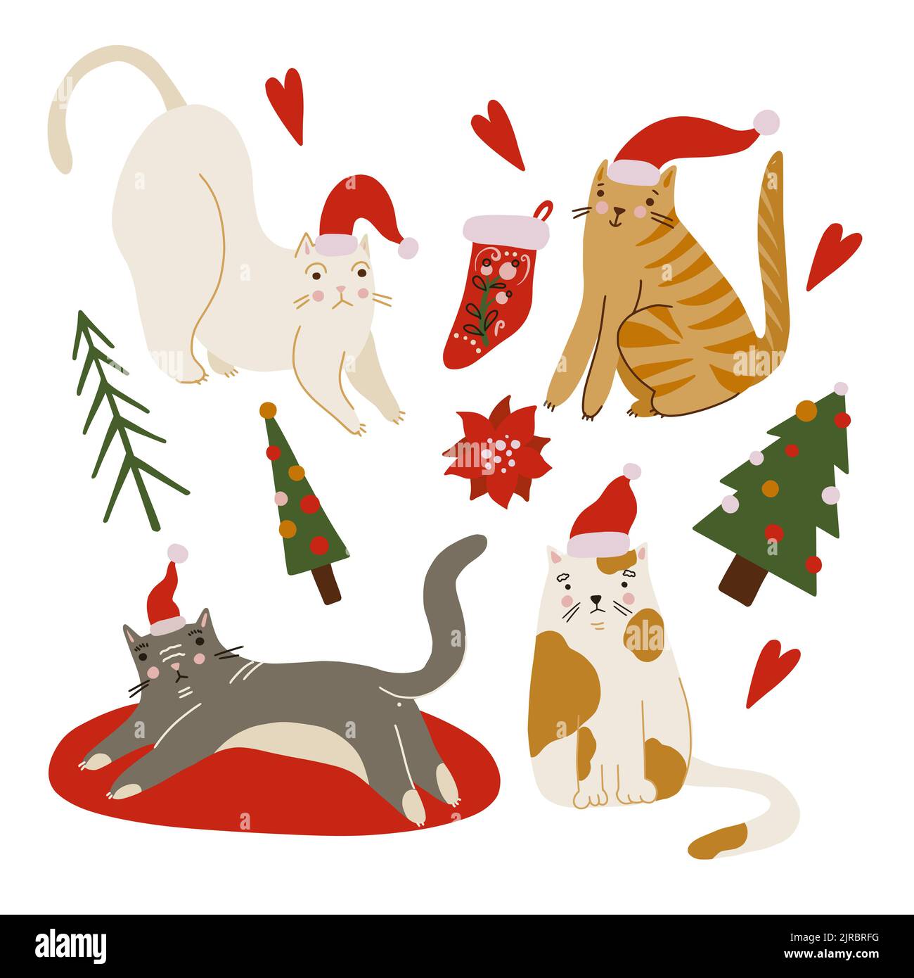 Elementi di vacanza e gatti. Buon Natale stampa Illustrazione Vettoriale
