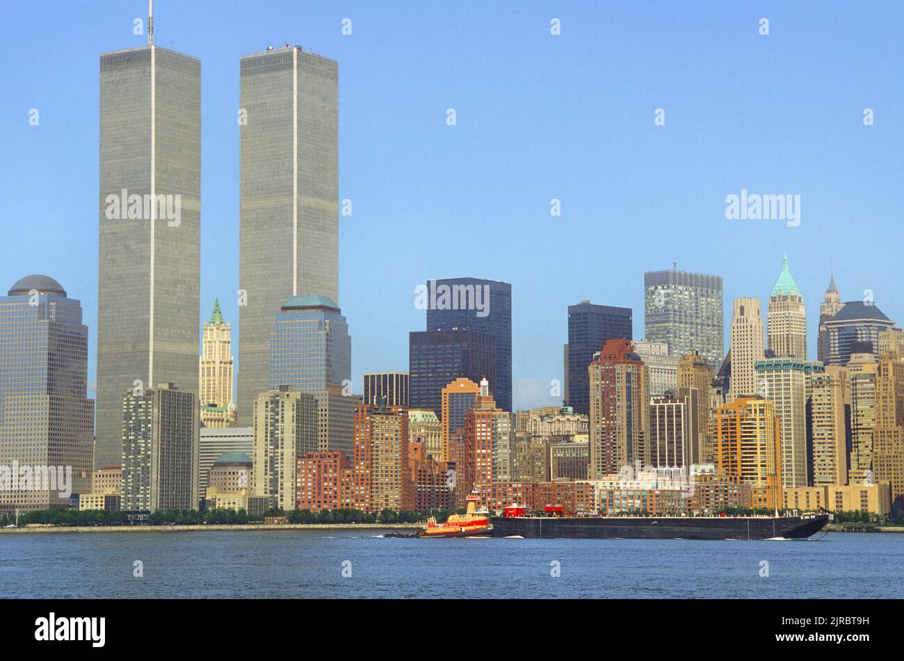 World Trade Center Twin Towers New York prima del 9/11. I grattacieli di Lower Manhattan si affacciano sul quartiere finanziario e sul fiume Hudson. Centro di Manhattan, Stati Uniti Foto Stock