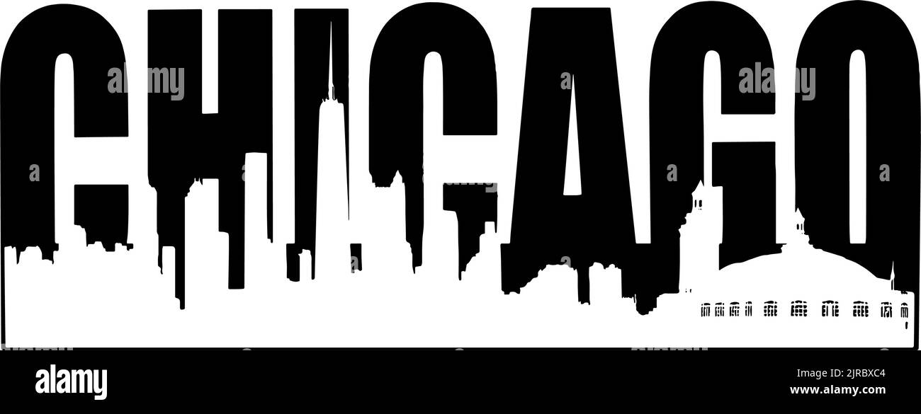 Chicago Skyline con la parola Chicago dietro di esso, Chicago Illinois, USA Illustrazione Vettoriale