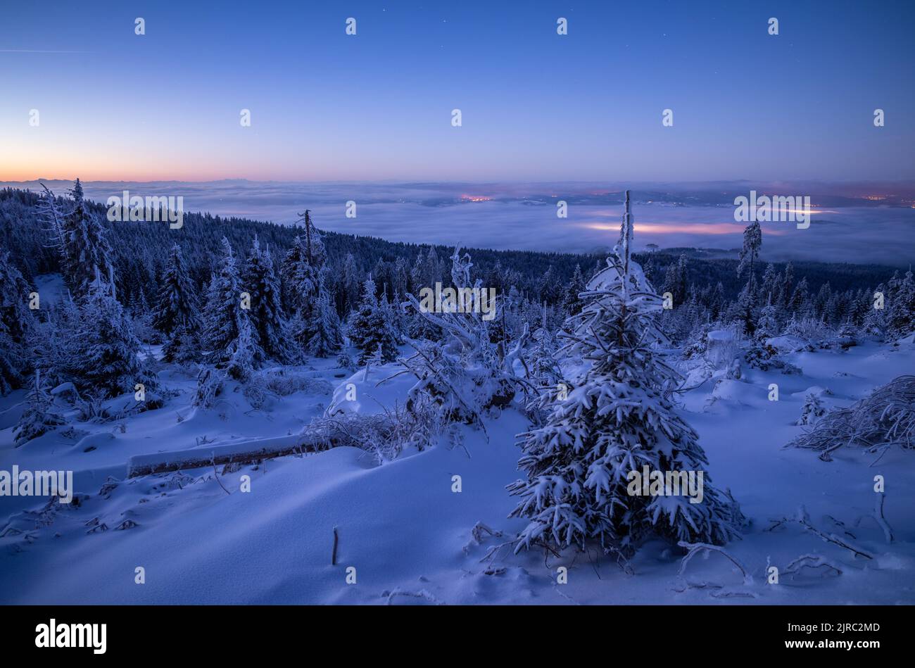 Verschneite Winterlandschaft zum Sonnenaufgang auf dem Dreisessel, Bayern, Deutschland. Foto Stock