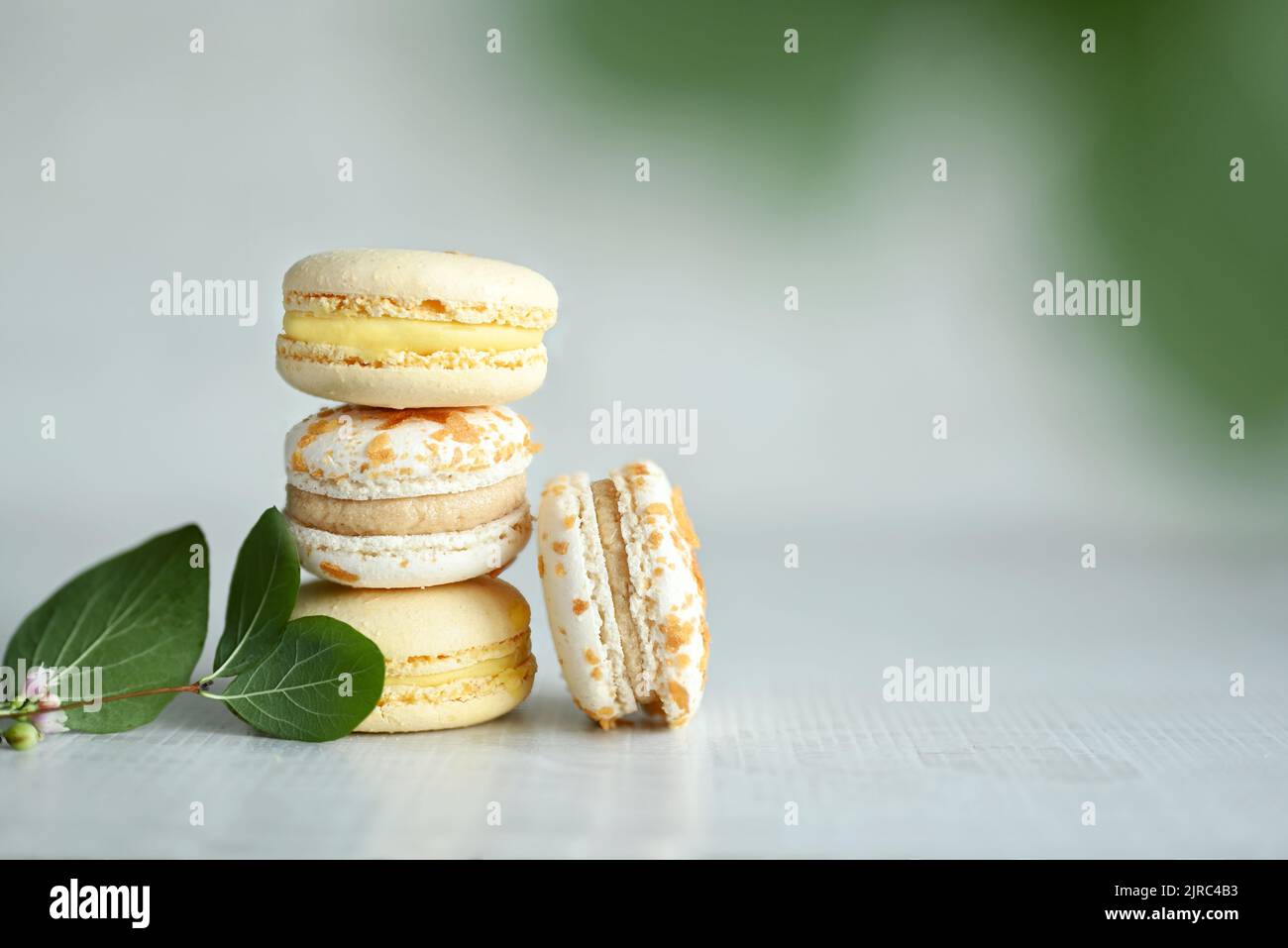 Amaretti. Amaretti gialli con foglie verdi. Deliziosi dessert francesi. Maccheroni sul tavolo. Foto Stock