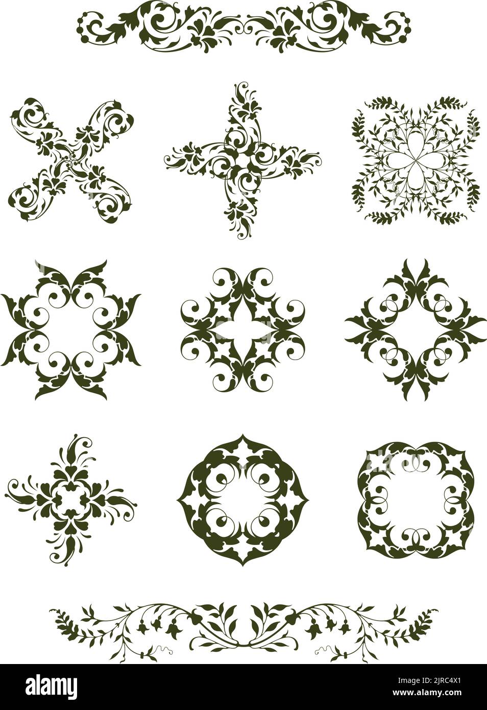 Una serie di icone vettoriali vintage decorative floreali. Illustrazione Vettoriale