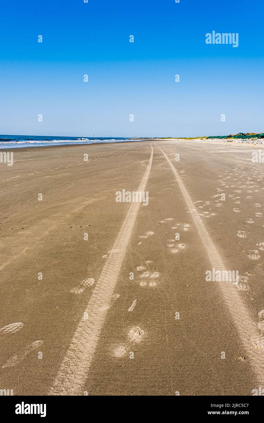 Tracce di pneumatici e impronte di piedi lungo la riva di una spiaggia sabbiosa sotto un cielo blu. Foto Stock