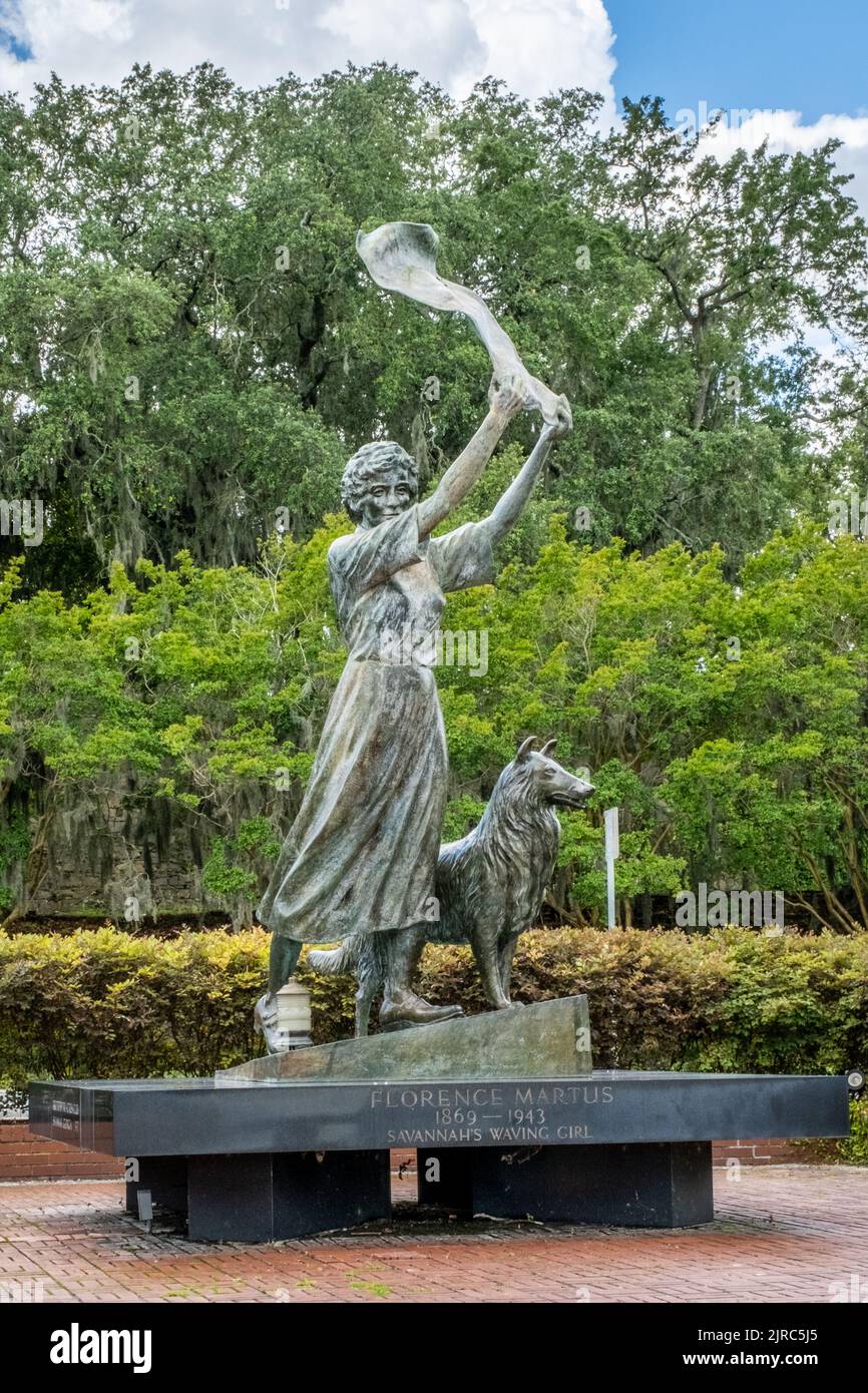 Waving Girl Florence Martus and Dog statue a Savannah, Georgia, USA Foto Stock