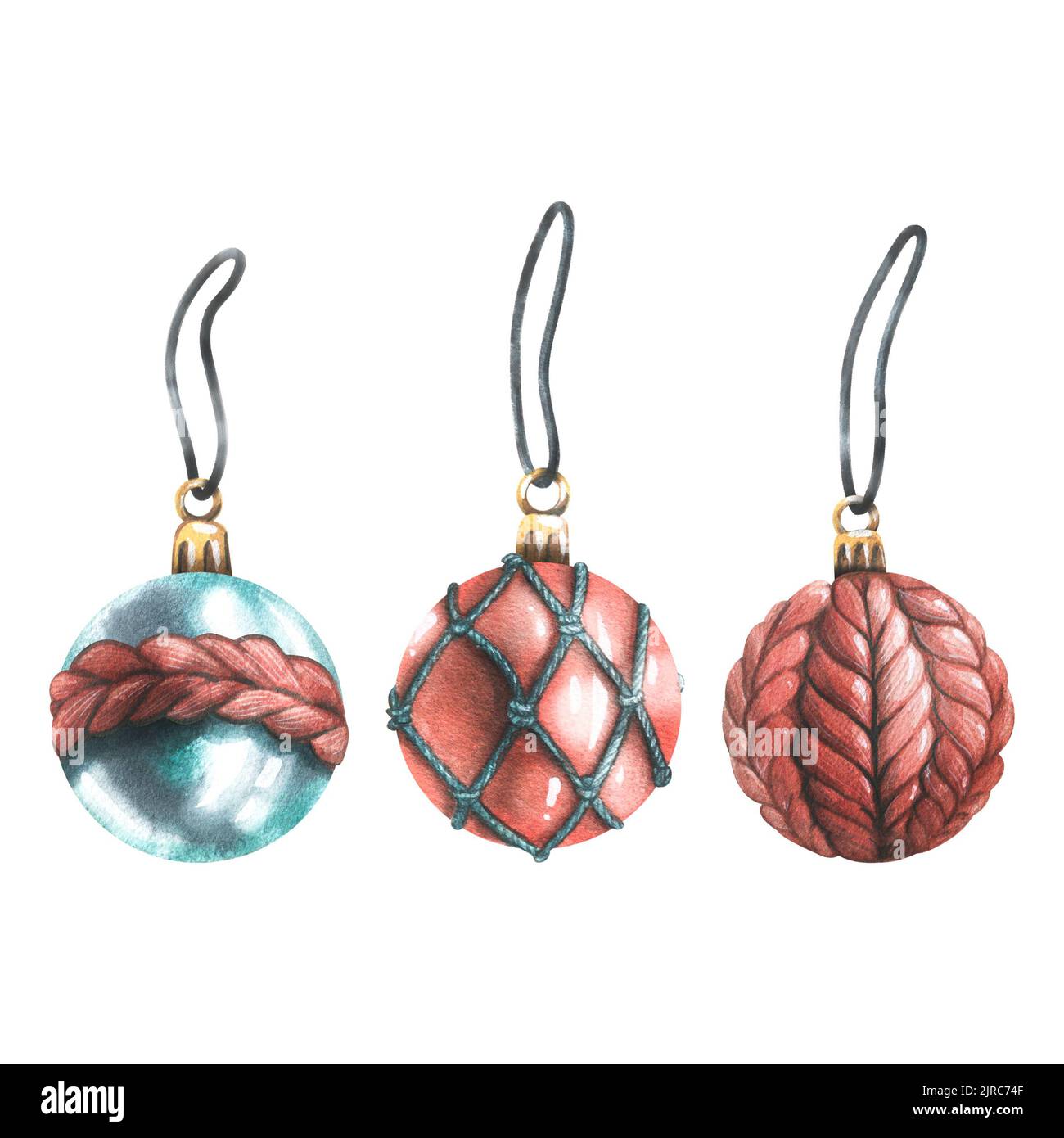 Giocattoli per la vigilia di Capodanno. Albero di Natale, palle con elementi a maglia. Illustrazione acquerello. Oggetti isolati da una grande serie di INVERNO ACCOGLIENTE. Per Foto Stock