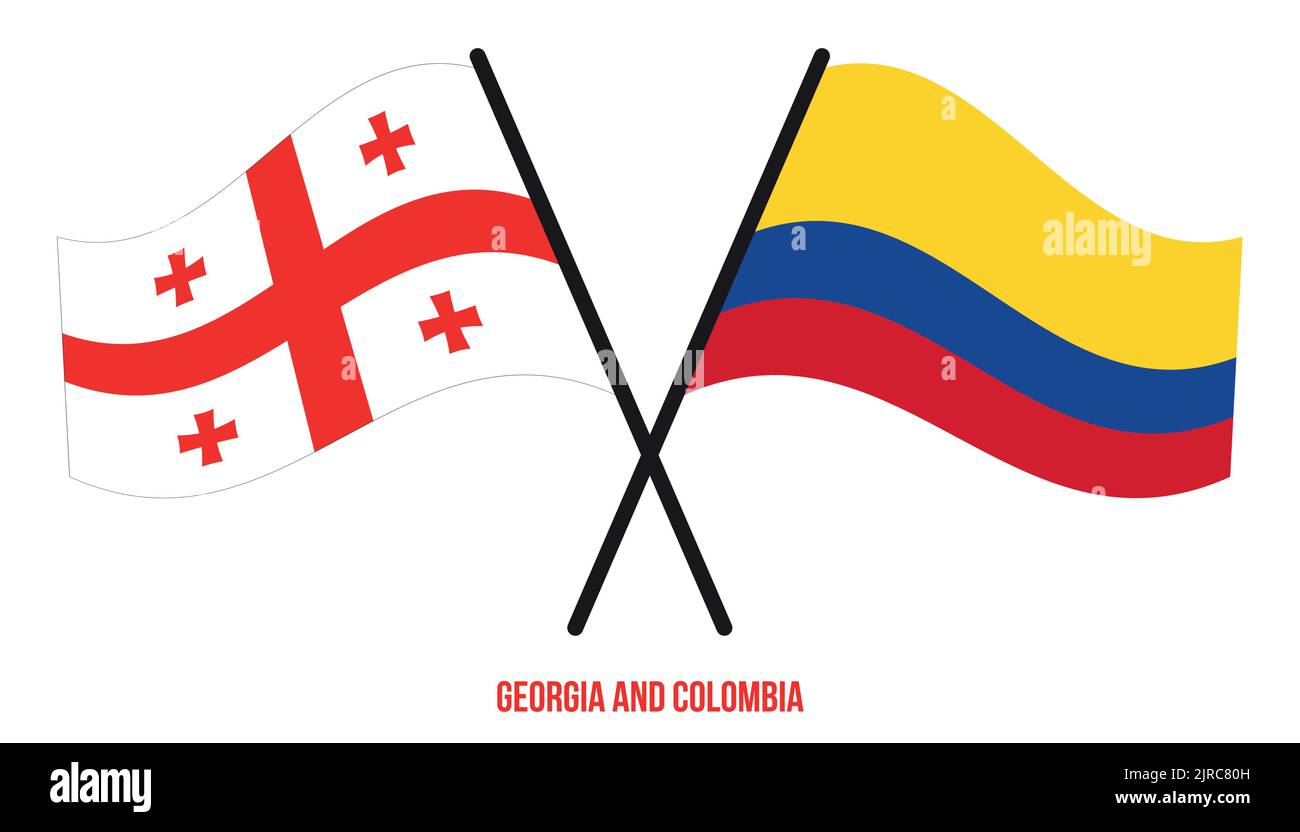 Georgia e Colombia Bandiere attraversate e ondeggianti stile piatto. Proporzione ufficiale. Colori corretti. Illustrazione Vettoriale