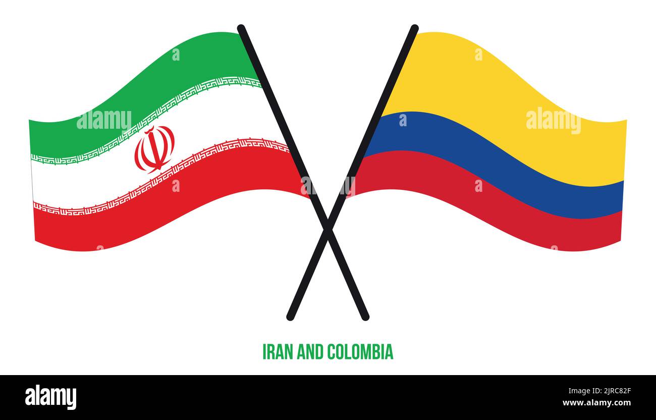 Iran e Colombia Bandiere attraversate e ondeggianti stile piatto. Proporzione ufficiale. Colori corretti. Illustrazione Vettoriale