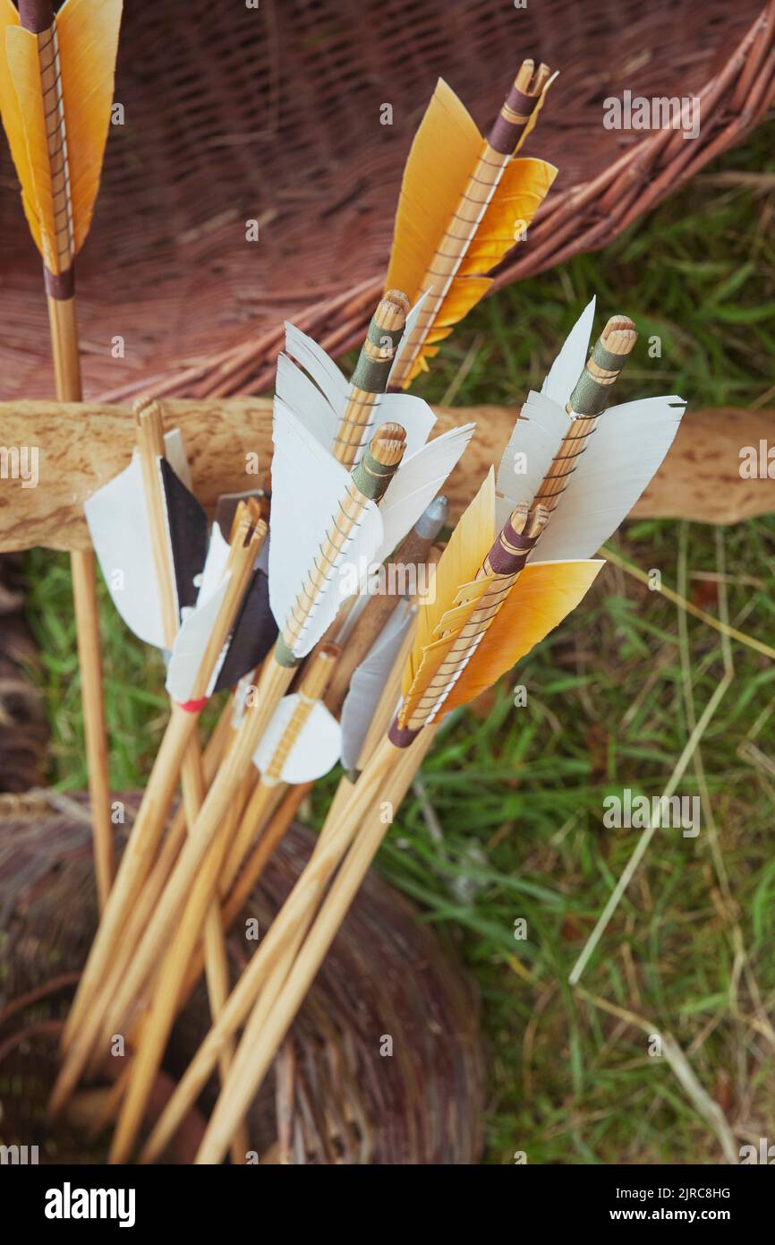 Frecce in un cestino di vimini. Foto verticale Foto Stock