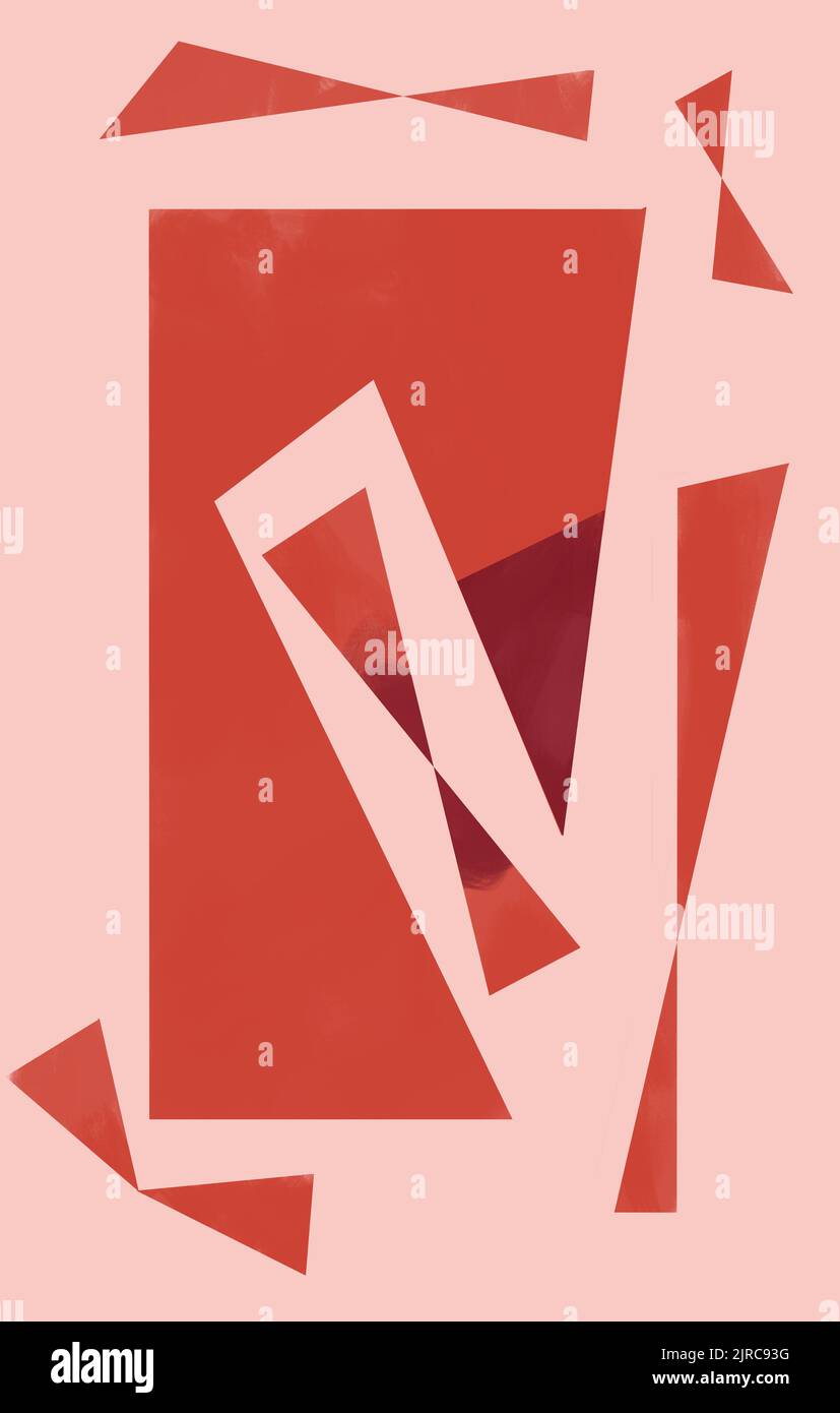 Belle forme geometriche a clessidra rossa su sfondo rosa con grandi forme, arte con astratta arte mondriana immagine contemporanea moderna dipinta, subt Foto Stock