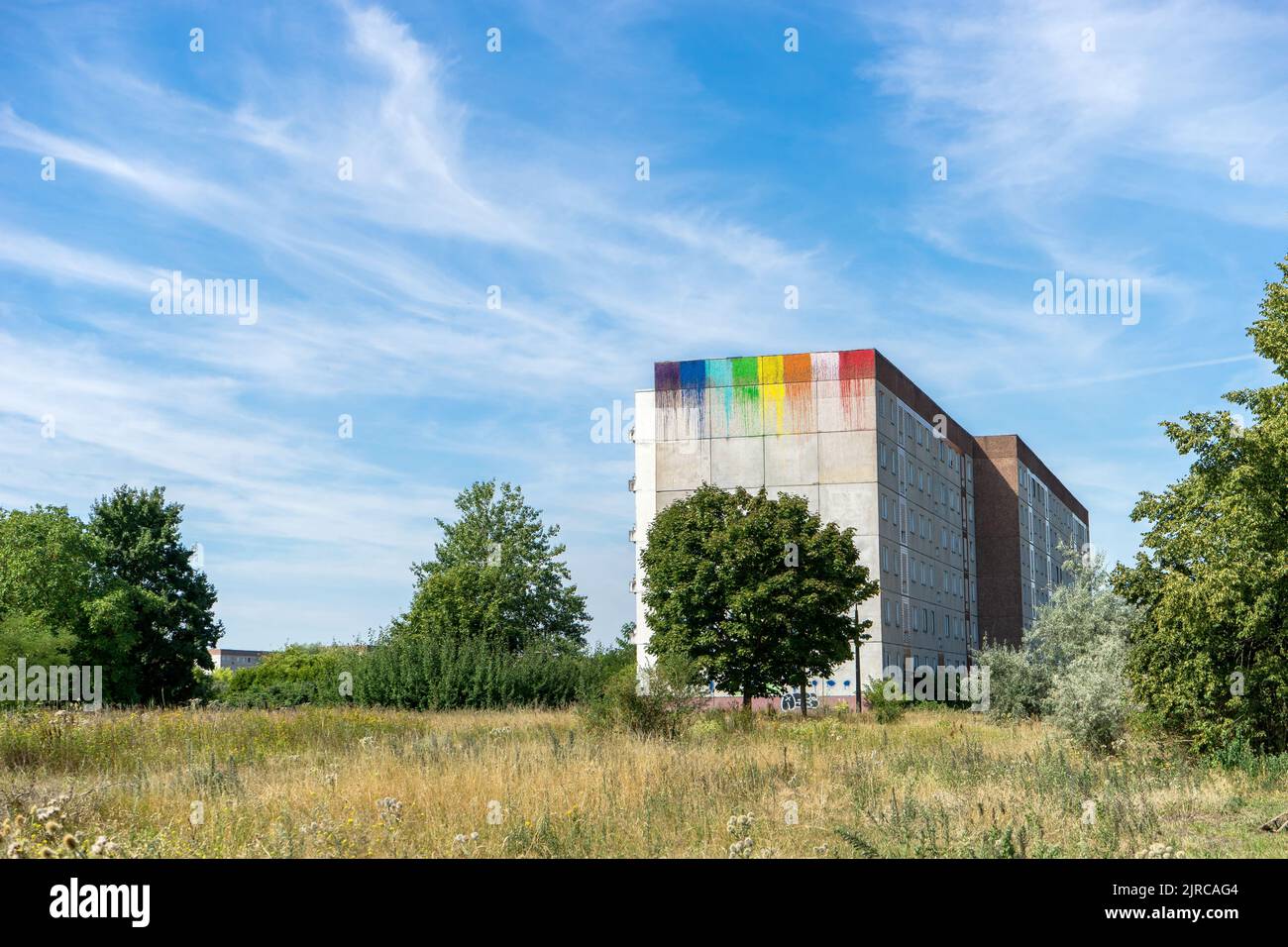 Edificio prefabbricato abbandonato a Stendal, Sassonia-Anhalt, Germania orientale Foto Stock