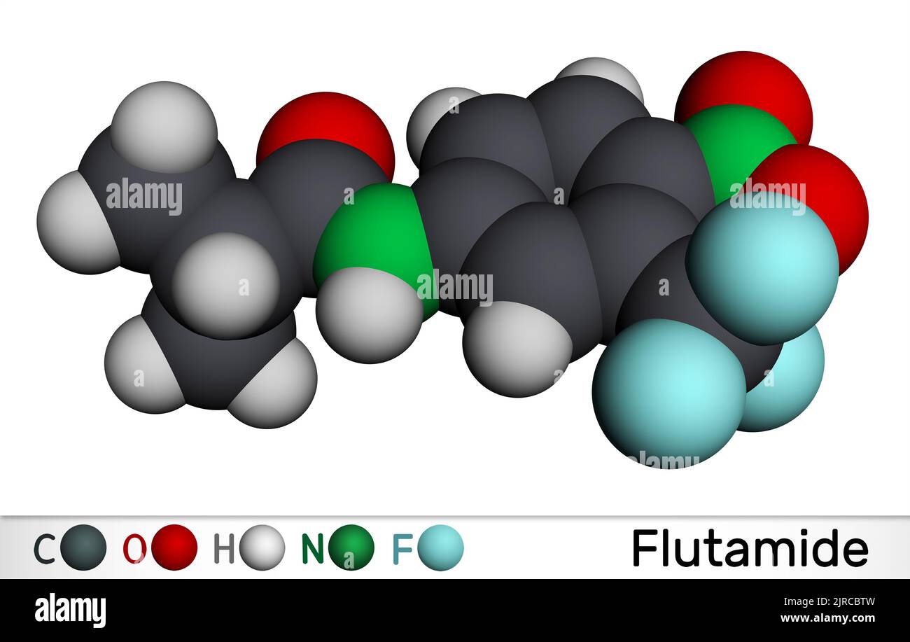 Molecola di Flutamide. È un antiandrogeno utilizzato per il carcinoma metastatico della prostata in stadio confinato locale B2-C e D-2. Modello molecolare. Rendering 3D. IO Foto Stock